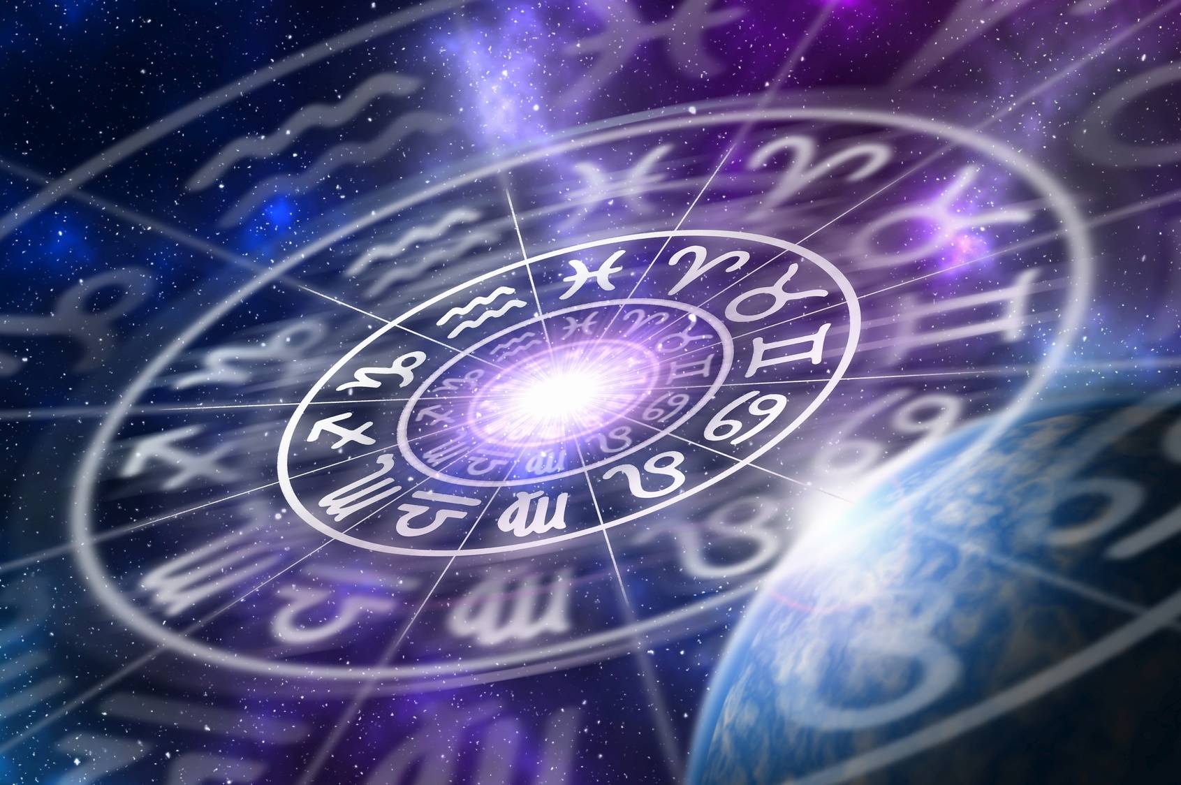 Astrologia w medycynie i filozofii chińskiej. Horoskop ze znakami zodiaku na fioletowo-granatowym tle.
