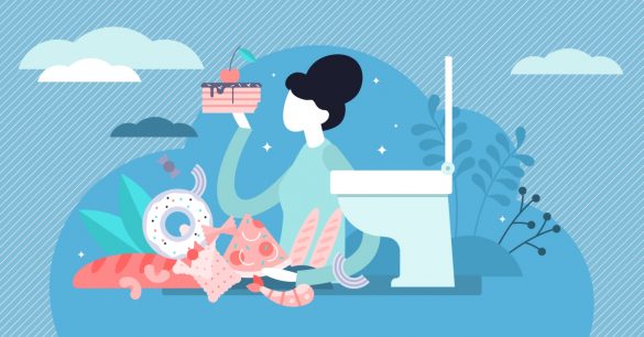 Bulimia - jakie są jej objawy, przyczyny i leczenie? Ilustracja, na której młoda dziewczyna siedzi z jedzeniem przy sedesie, niebieska kolorystyka grafiki.
