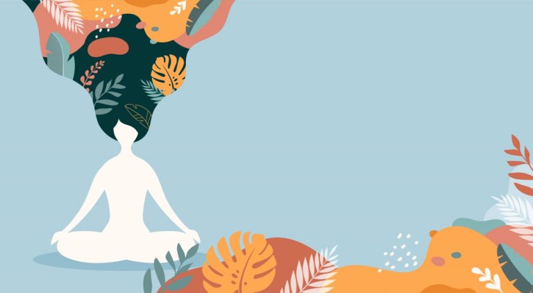 Co to jest medytacja i na czym polega jej praktyka? Ilustracja prezentująca kobietę siedzącą w pozycji lotosu na błękitnym tle, jej włosy zamieniają się w kwiaty.