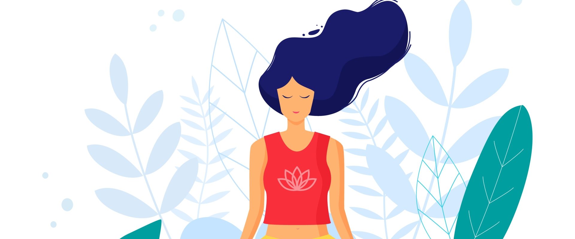 Techniki oddechowe - jak oddychać, aby rozładować stres i napięcie opowiada Agnieszka Górecka, coach oddechem i terapeutka. Ilustracja przedstawiająca medytującą kobietę w otoczeniu zieleni - koncept medytacji i technik oddychania.