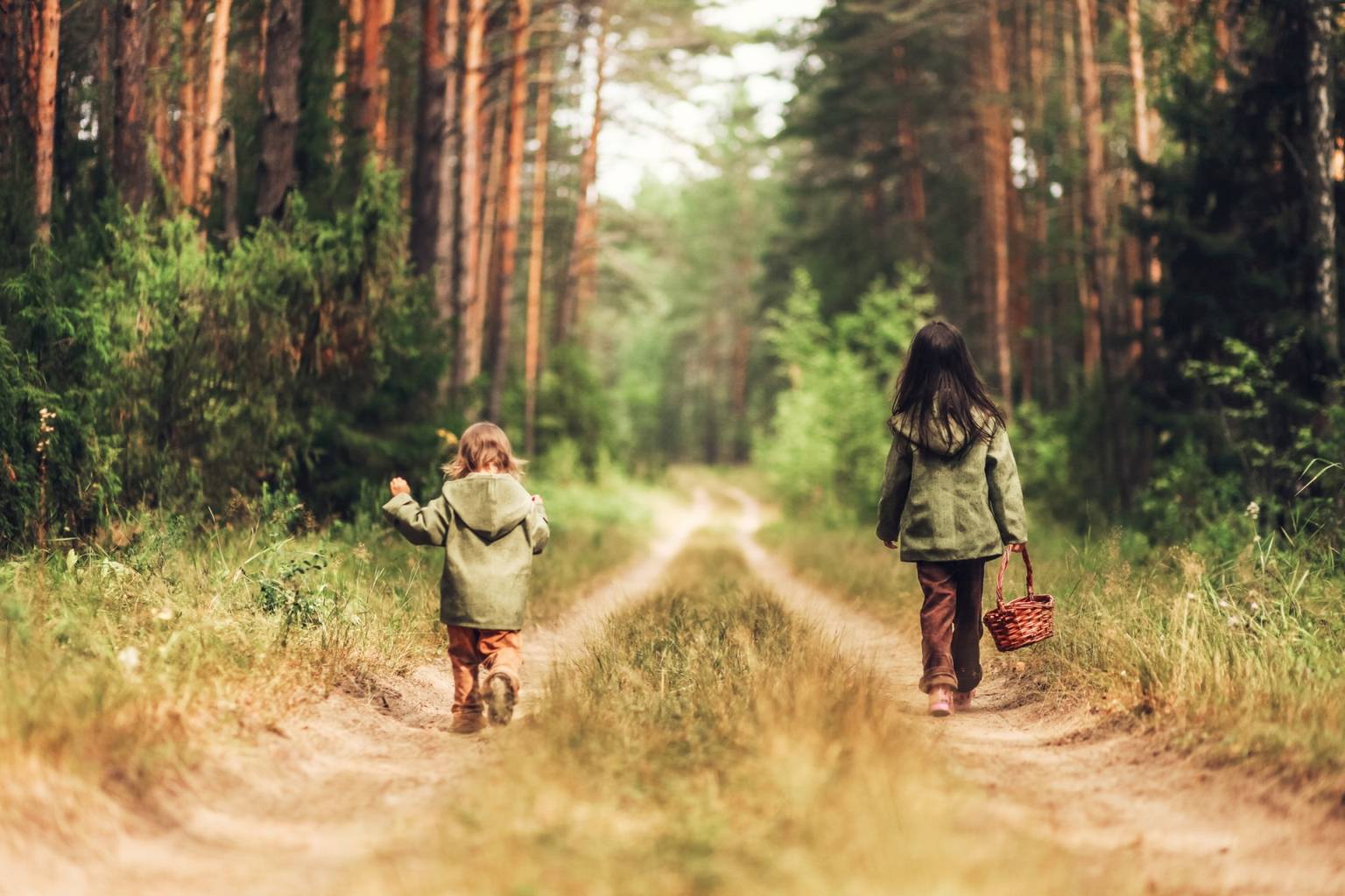 Jak ochronić dziecko przed boreliozą? Dwie małe dziewczynki w zielonych kurtkach idą ścieżką przez las z koszykiem.