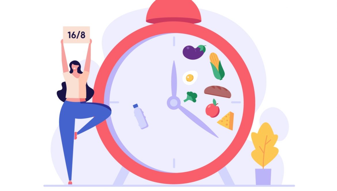 Intermittent fasting - na czym polega dieta IF, czyli post przerywany? Grafika przedstawiająca kobietę w pozycji drzewa obok wielkiego minutnika, na którym widnieje schemat diety IF - 8 h okienka żywieniowego i 16 godzin postu.