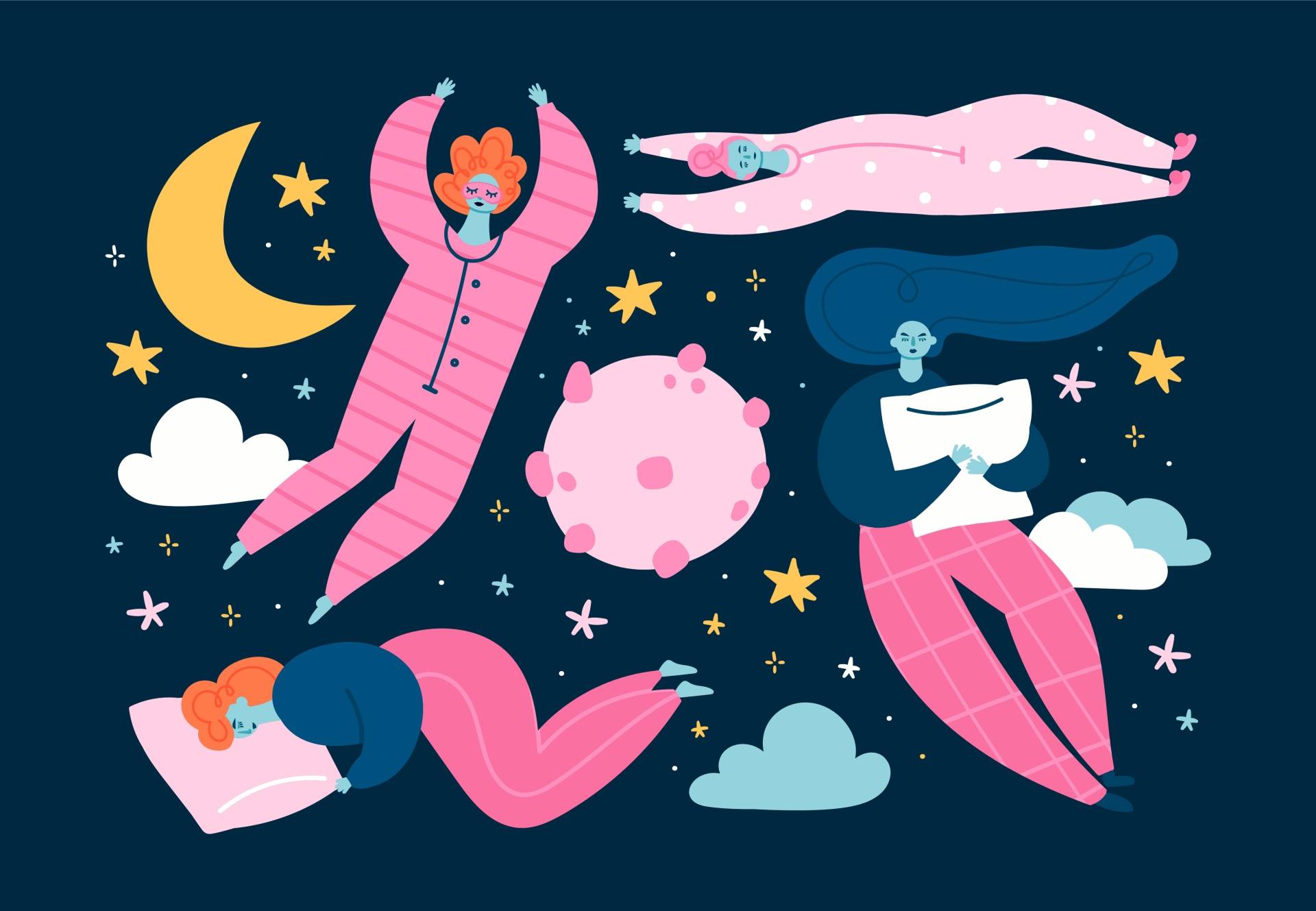 Fazy snu - jak przebiega zdrowy sen? Grafika przedstawiające śpiące kobiety w różnych pozycjach.