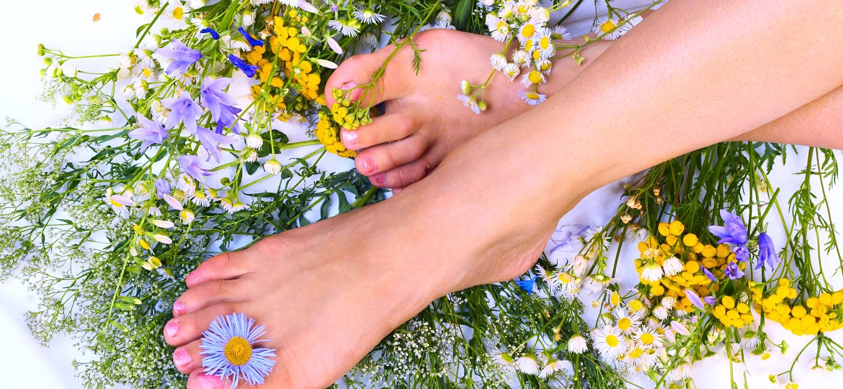Poznaj domowe sposoby na grzybicę stóp. Jak ją zwalczyć naturalnie? Zadbane stopy wśród polnych kwiatów na białym tle.