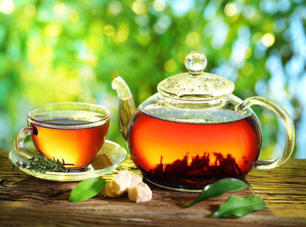 Herbata to czarodziejski napój chińskiego cesarza. Jakie właściwości ma herbata, jak ją parzyć i co świadczy o jakości produktu. Czarna herbata w szklanym imbryku i szklanej filiżance na tle zieleni.