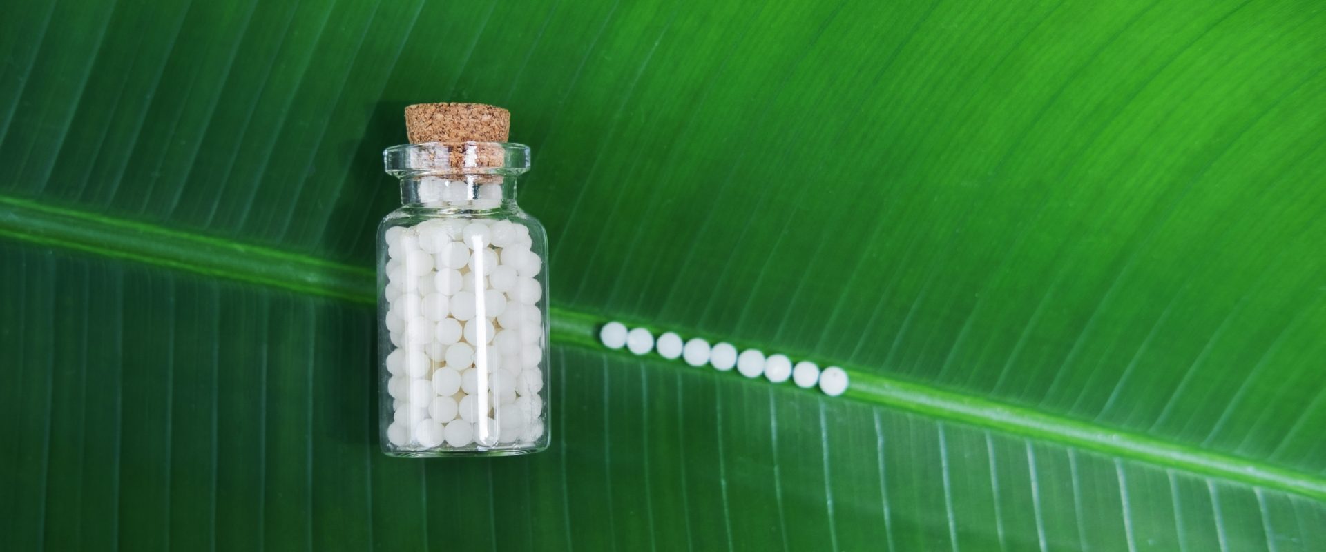 Nitricum acidum - lek homeopatyczny na hemoroidy, zajady i afty. Granulki homeopatyczne w słoiczku leżącym na zielonym liściu.