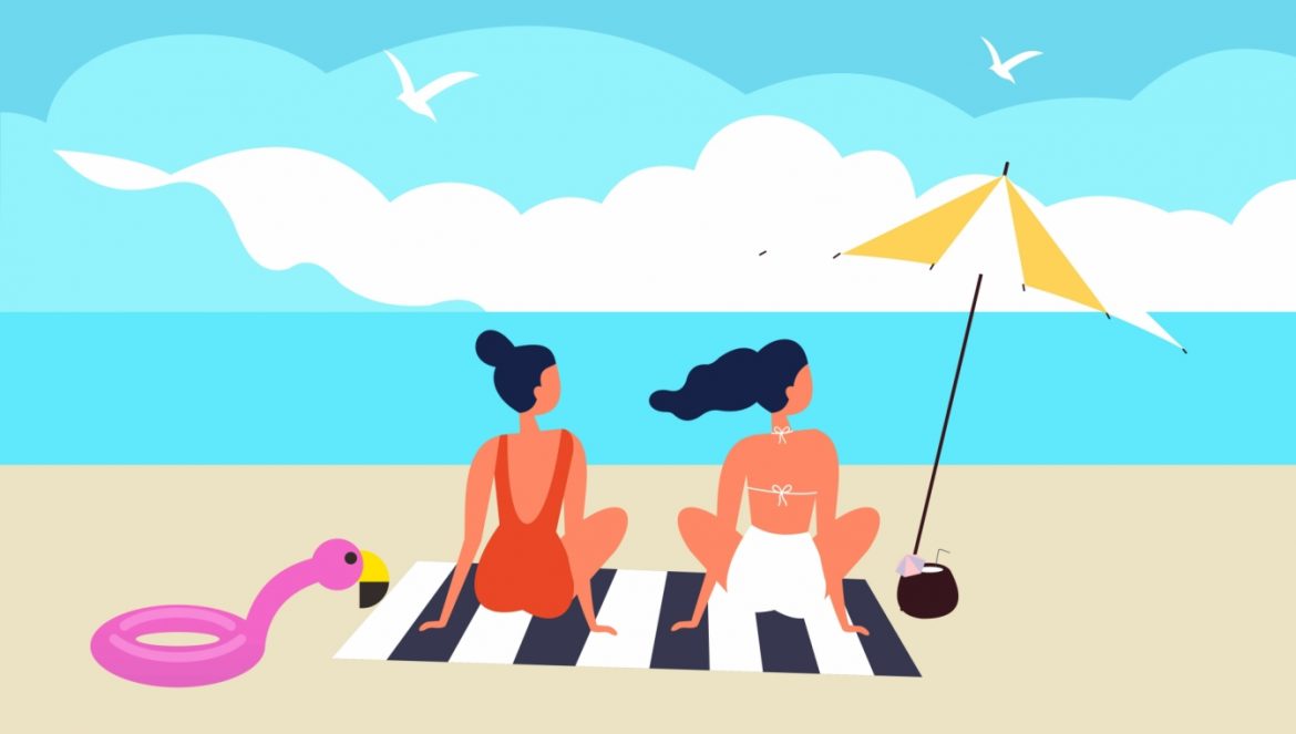 Zalety słońca i promieni słonecznych - 12 korzyści z opalania. Dwie kobiety opalają się na plaży na kocu - ilustracja.