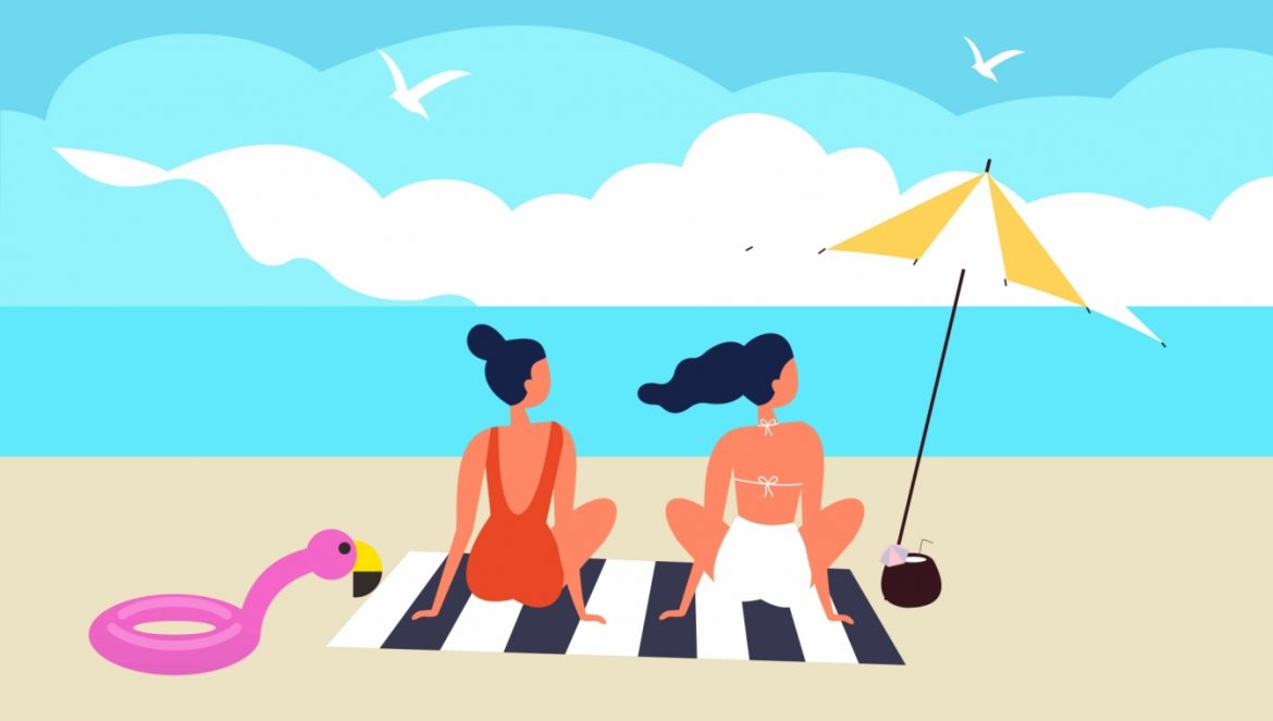 Zalety słońca i promieni słonecznych - 12 korzyści z opalania. Dwie kobiety opalają się na plaży na kocu - ilustracja.