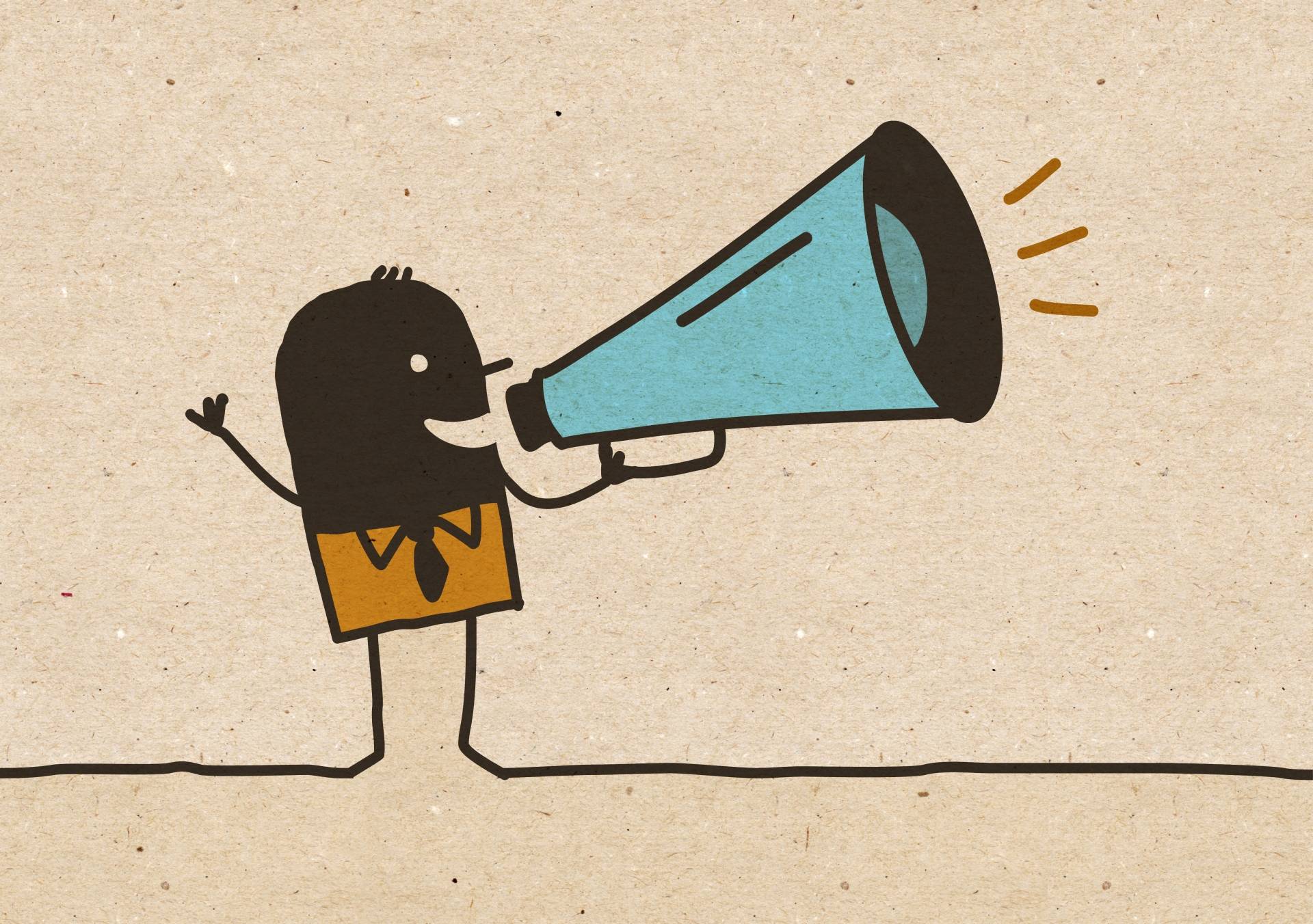 Trening głosu - kreskówkowy ludzik krzyczy przez megafon.