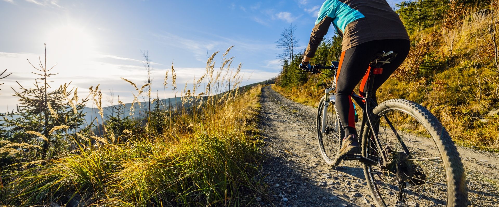 Jaki rower kupić? Kobieta jeździ na rowerze górskim po górach.