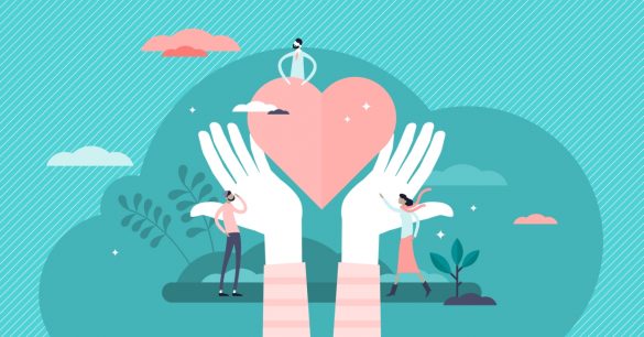 Wywiad z Agatą Ziemnicką, edukatorką żywieniową, dietetyczką i psycholożką o odżywianiu się z miłością. Ilustracja - różowe serce trzymane w dłoniach na niebieskim tle.
