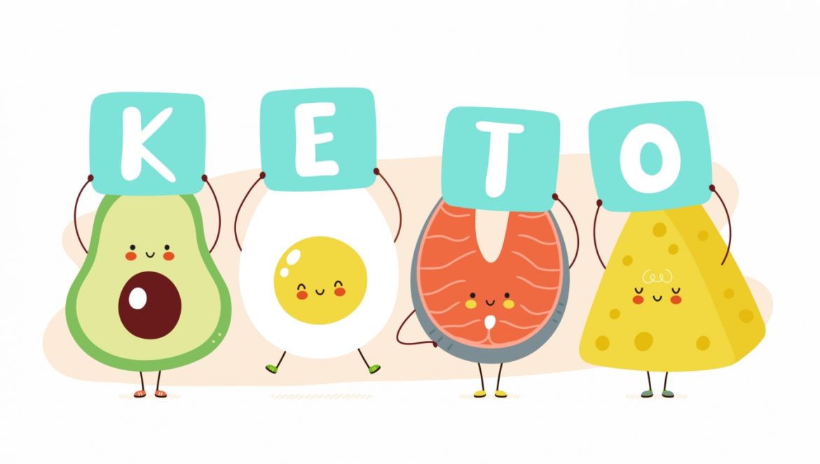 Dieta keto - na czym polega dieta ketogeniczna? Rysunkowe awokado, jajko na twardo, dzwonek ryby i ser żółty trzymają tabliczki z literami składającymi się na napis KETO.