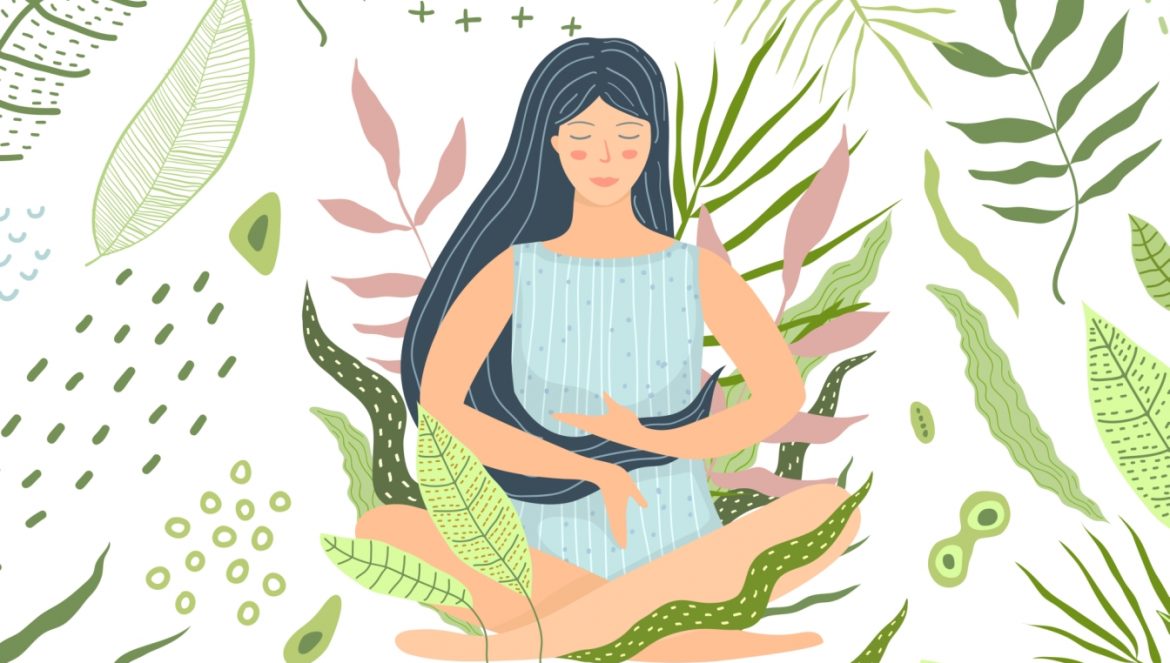 Jak się podnieść po zdradzie? Wywiad z Joanną Godecką, psychologiem i psychopterapeutą. Ilustracja przedstawiająca medytującą kobietę wśród zieleni.