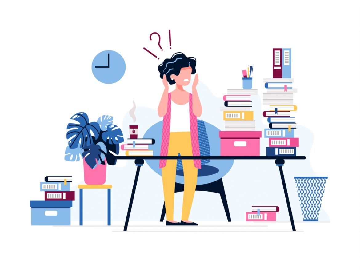 Kortyzol - czym jest hormon stresu i jak działa? Czym grozi nadmiar i niedobór kortyzolu? Ilustracja obrazująca zestresowaną kobietę stojącą przy biurku w pracy.