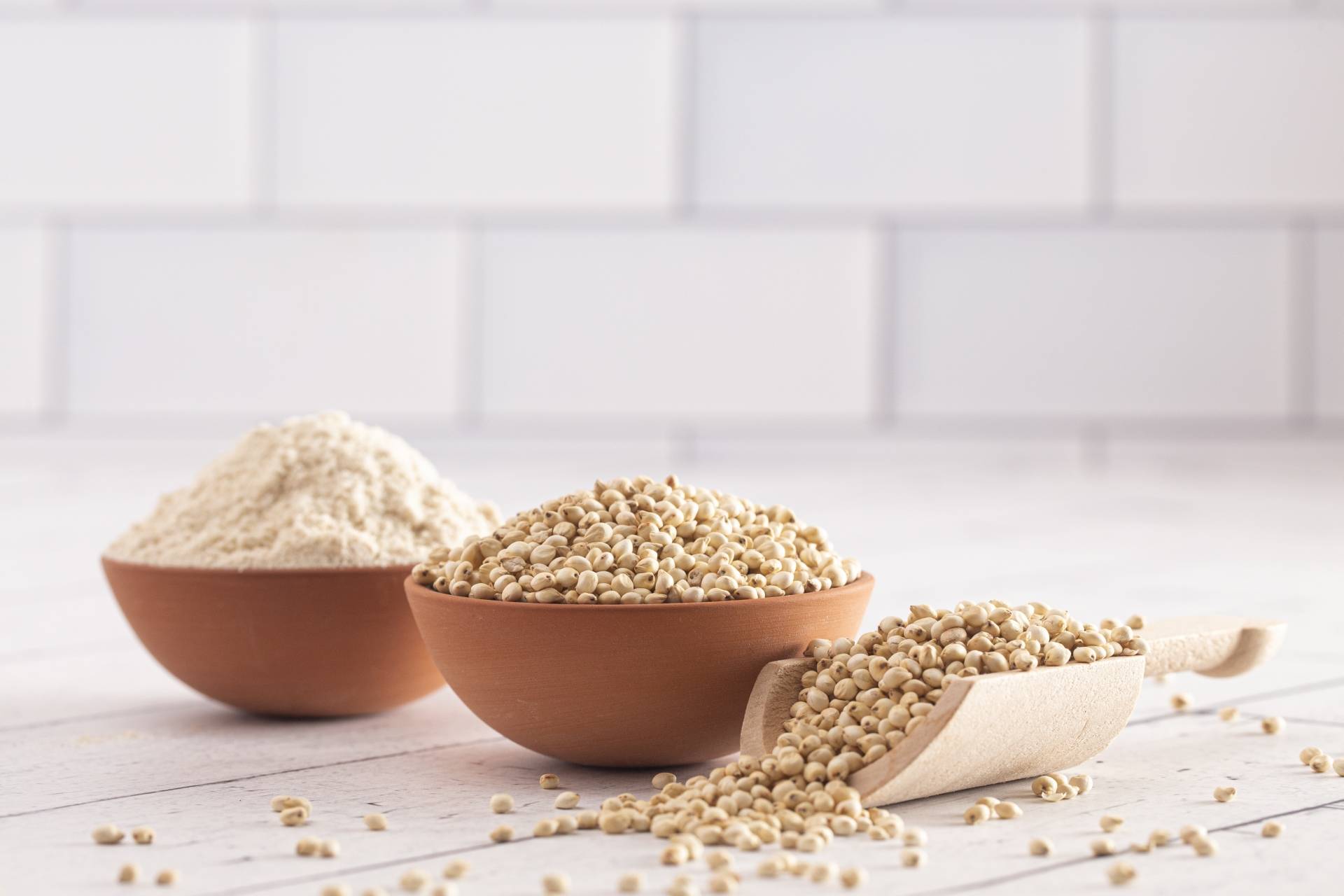 Mąki bez glutenu, mąki bezglutenowe. Mąka z sorgo i ziarna w miseczkach na kuchennym blacie.