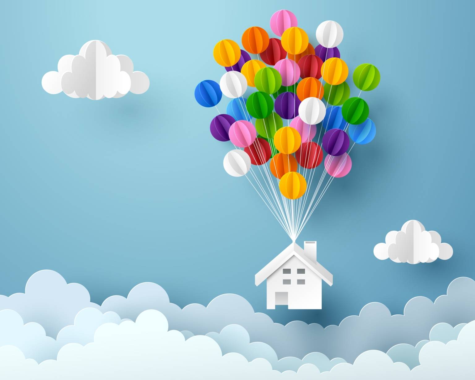 Mapa marzeń - jak ją stworzyć? Ilustracja trójwymiarowa - kolorowe balony unoszą domek z papieru ku niebu.