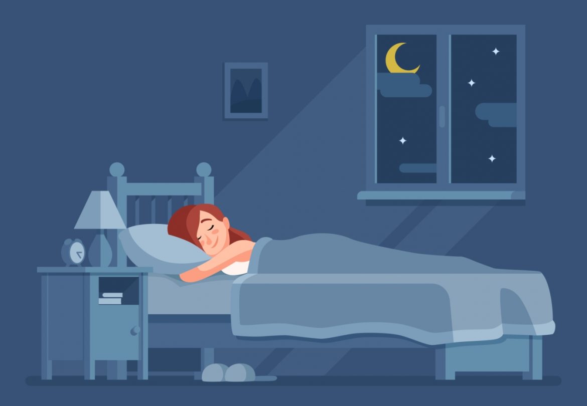 Melatonina jest hormonem snu, który reguluje rytm dobowy. Ilustracja przedstawiająca śpiącą kobietę w łóżku w swojej sypialni.