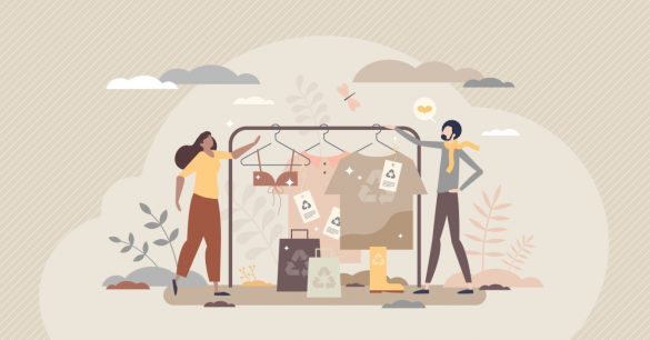 Ekologia w branży fashion: moda cyrkularna, slow fashion, pre-loved, sharing i recycling ubrań - ilustracja przedstawiająca koncept slow fashion.