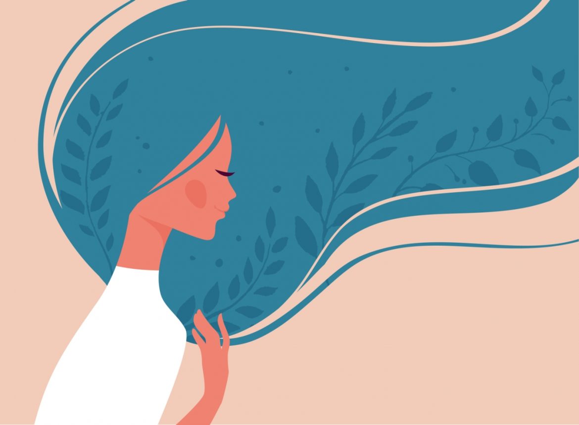 Nadczynność tarczycy - objawy, przyczyny, leczenie. Ilustracja przedstawiająca młodą kobietę o niebieskich powiewających na wietrze włosach, w białej bluzce, trzymającą rękę w okolicach szyi.