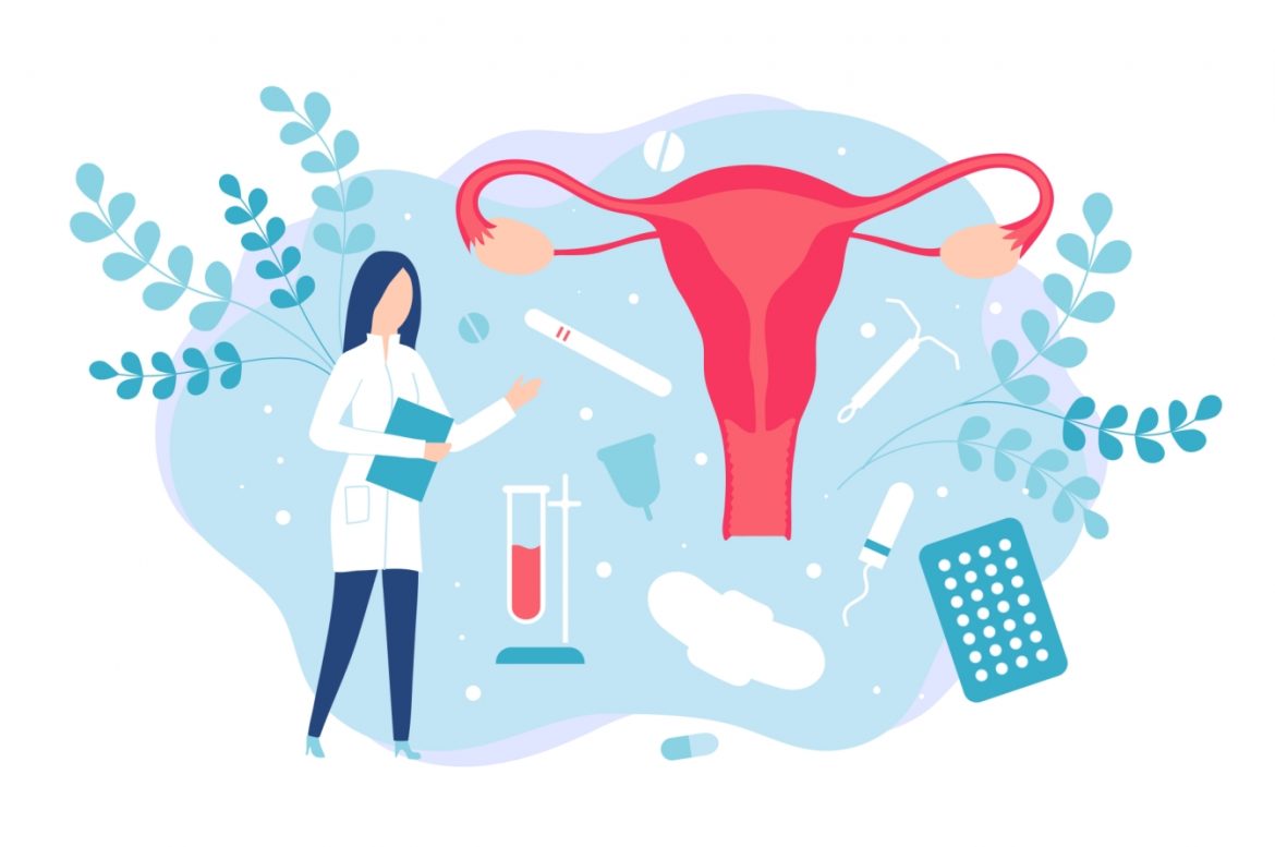 Nadżerka - objawy, przyczyny leczenie ginekologiczne. Ilustracja przedstawiająca kobietę lekarza ginekologa tłumaczącą diagnozę na narządach rozrodczych.