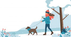 Jak przygotować się do zimy według medycyny chińskiej? Ilustracja przedstawiająca kobietę na spacerze z psem w zimowej scenerii.