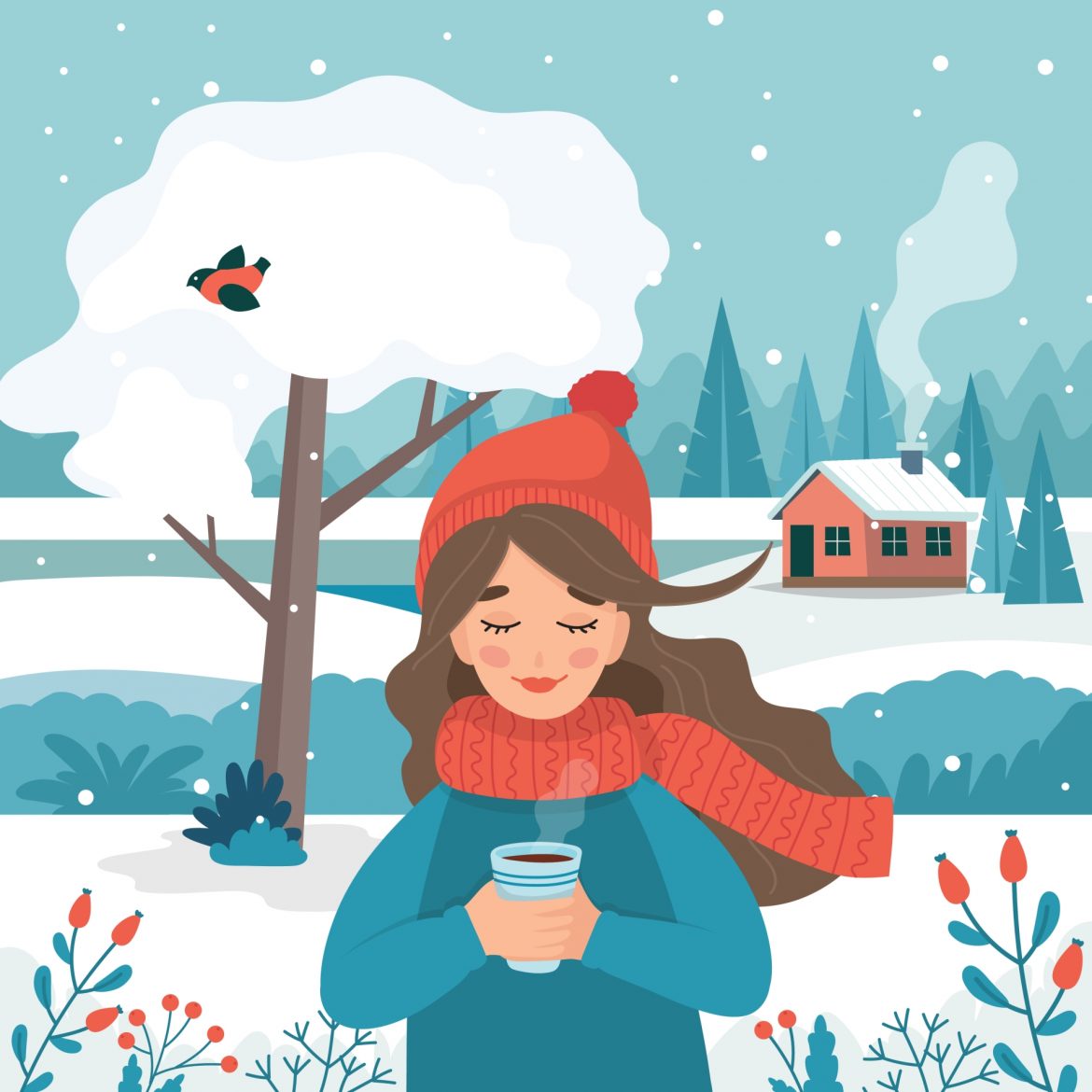 Dobre wei qi w zimie – jak wzmocnić odporność według medycyny chińskiej? Ilustracja przedstawiająca dziewczynę w czerwonej czapce i szaliku z kubkiem gorącej herbaty w ręku w otoczeniu zimowego krajobrazu.