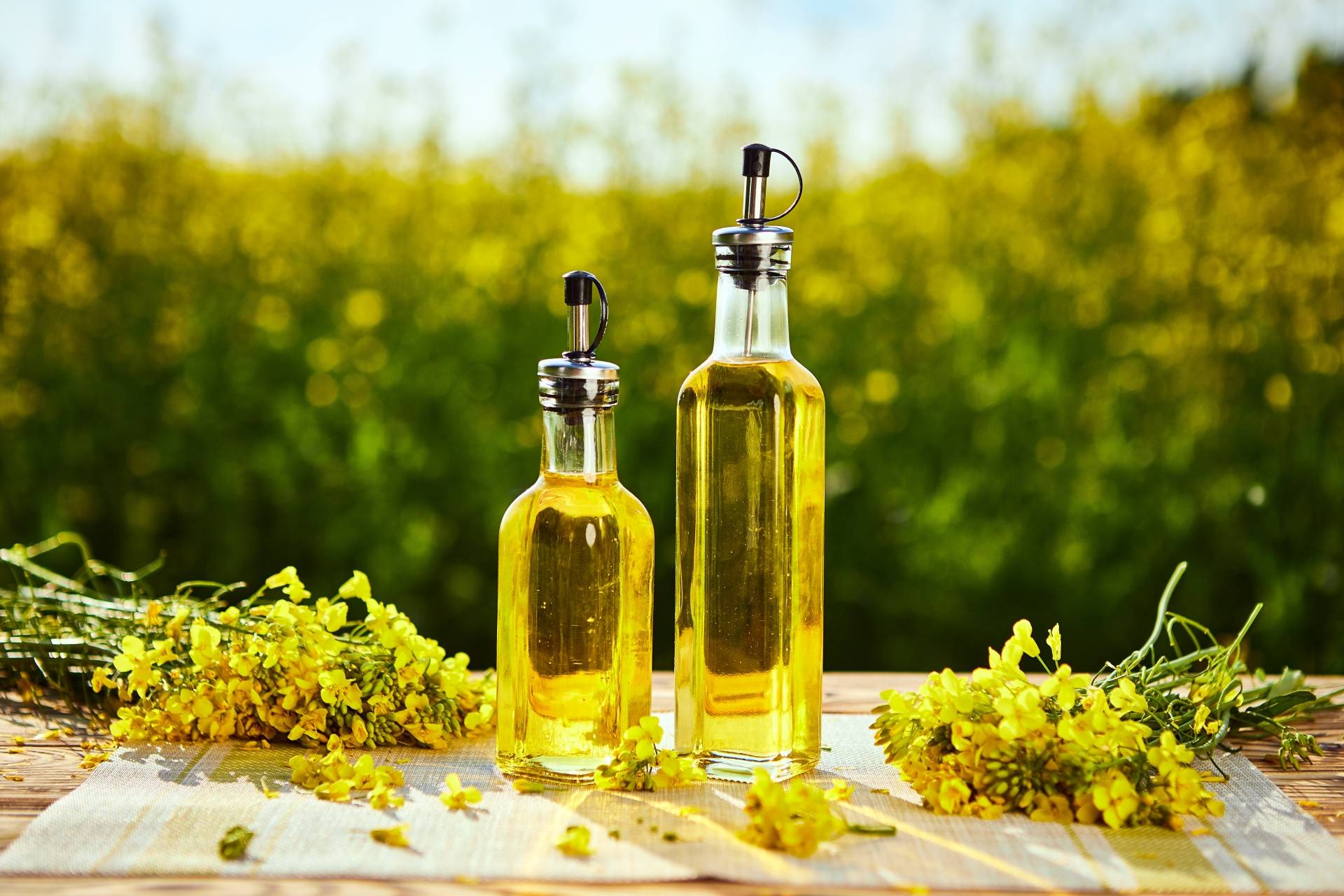 Olej rzepakowy - zdrowy czy szkodliwy? Butelki z olejem stoją na drewnianym stole.