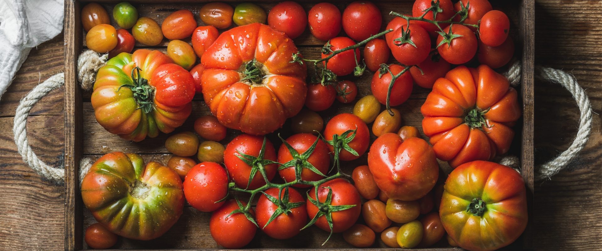 Rozgrzewające przepisy z pomidorami na jesień. Kolorowe pomidory z drewnianej skrzynce.