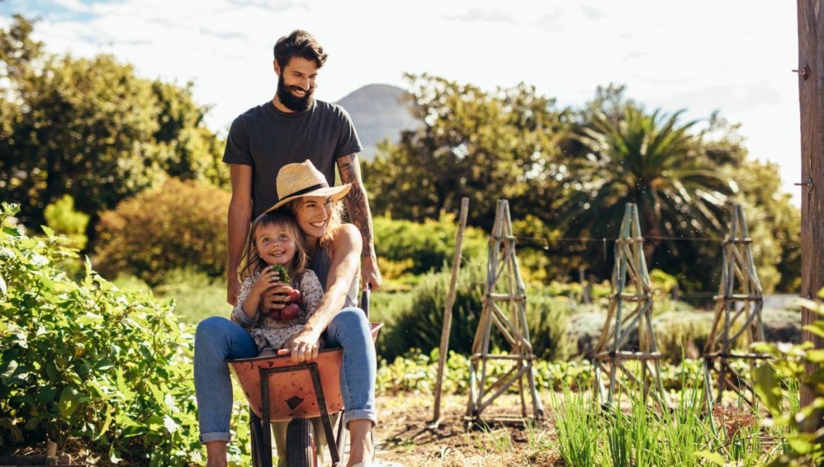Rośliny niebezpieczne dla dzieci - jak chronić dzieci przed trującymi roślinami domowymi i ogrodowymi? Tata wiezie na taczce po ogrodzie mamę i córeczkę.