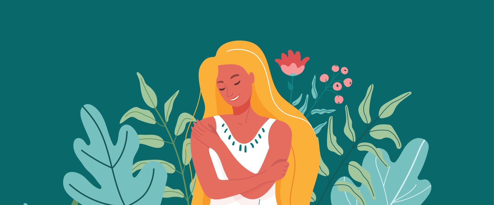 Samoakceptacja - jak ją osiągnąć? Ilustracja przedstawiająca przytulającą siebie kobietę w otoczeniu roślin na zielonym tle.