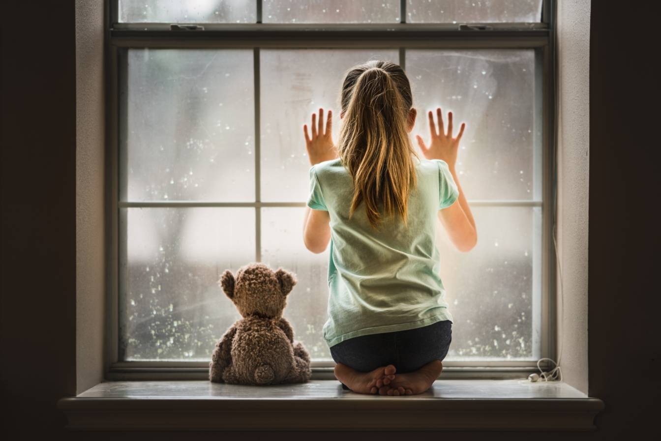 Dzieci w depresji, z myślami samobójczymi wołają o pomoc. Mała dziewczynka i pluszowy miś wyglądają przez okno.