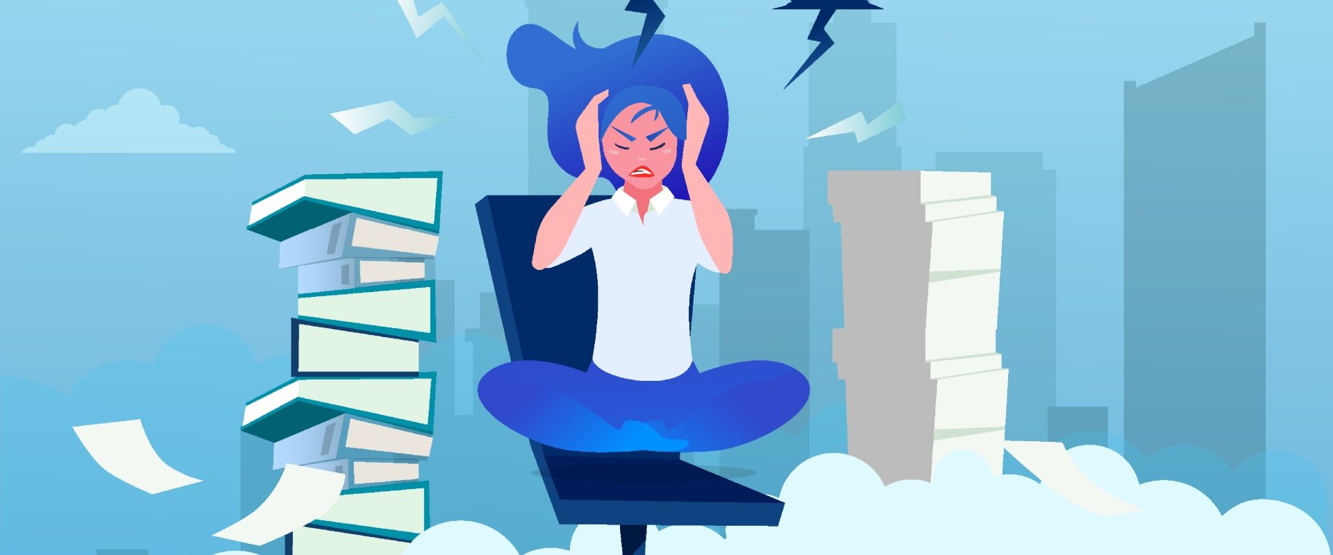 Stres - jakie są jego przyczyny, objawy i skutki? Jak radzić sobie ze stresem? Ilustracja przedstawiająca kobietę siedzącą na biurowym krześle wokół wieżowców i chmur z błyskawicami.