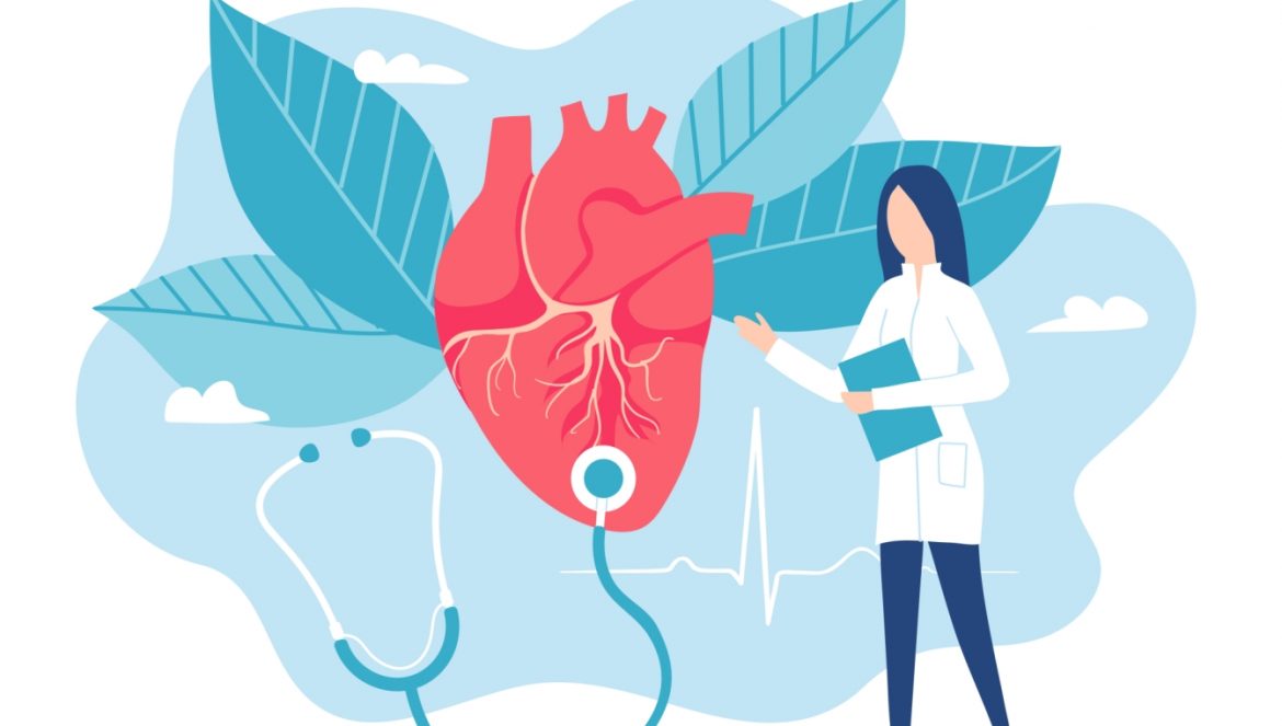 Zawał serca - jak przebiega u kobiet, a jak u mężczyzn? Pierwsza pomoc przy zawale. Grafika przedstawiająca lekarkę kardiologa osłuchującą duże serce na roślinnym niebieskim tle.